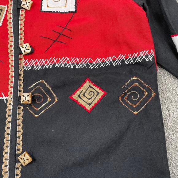 VTG Patchwork Embroidered Top Sz M Red Black Long Sleeve Funky Abstract Linen - Picture 7 of 13